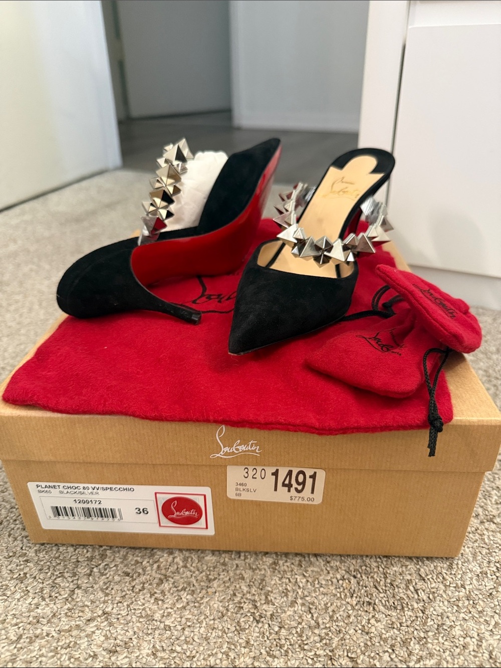 Christian Louboutin Planet Choc 80mm Black Suede Pointed Mule w Silver Studs